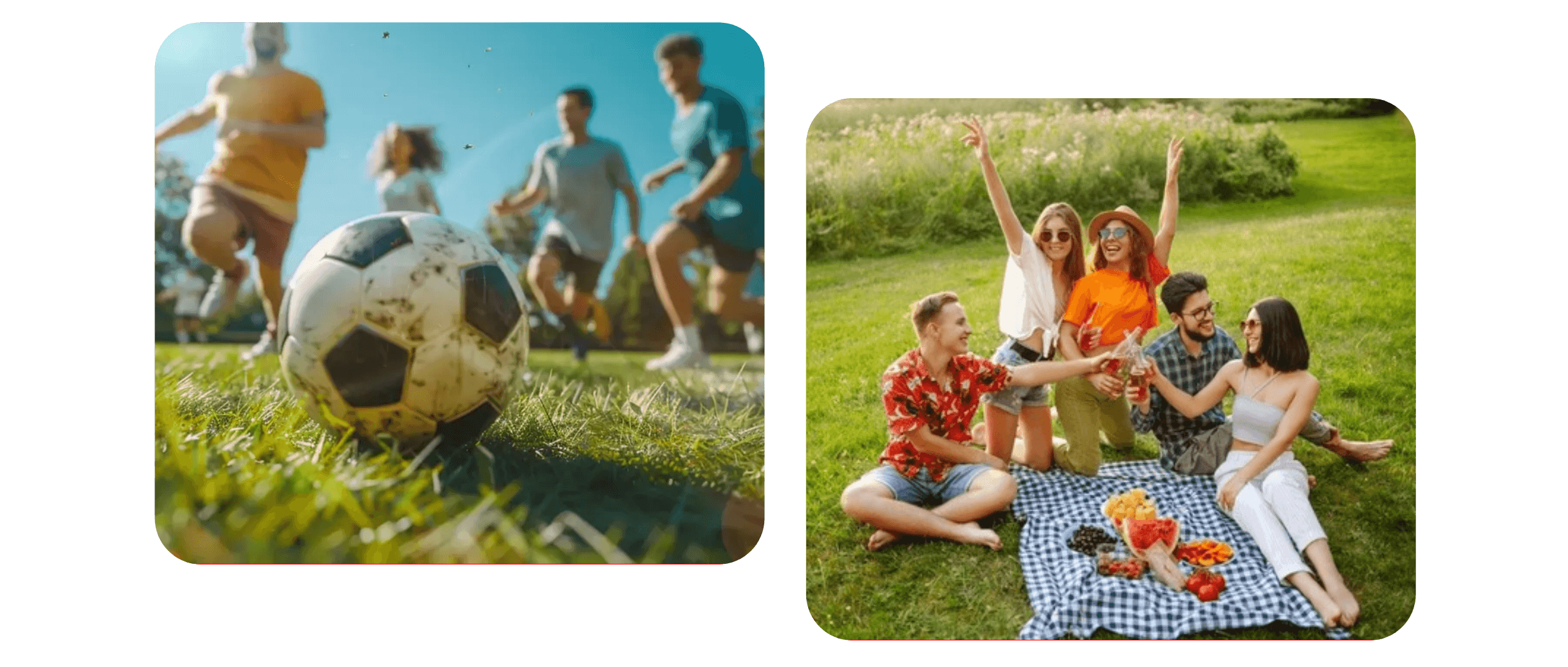 Pessoas jogando futebol e num piquenique